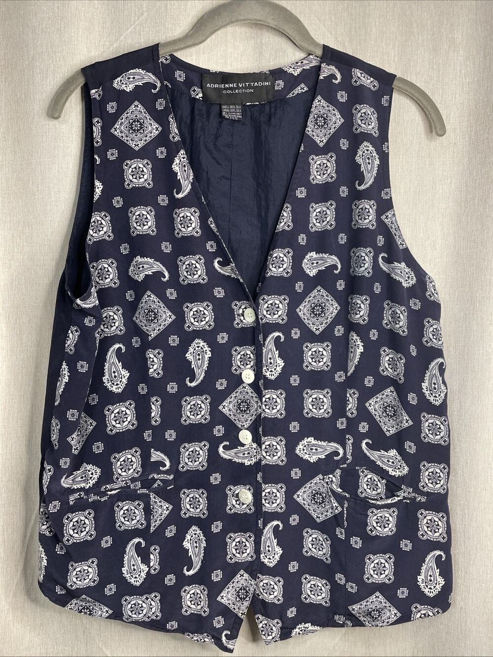 Vintage Adrienne Vittadini Women's 100% Silk Navy Blue Sleeveless Button-up Vest